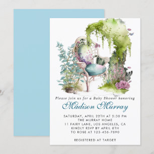 Chic Blå & Grön Blommig Trädgårdsstol Baby Shower Inbjudningar