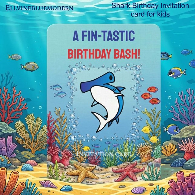Chic Blå Hammarhaj Fin-tastisk 10:e  Inbjudningar (5" x 7" blue hammerhead shark birthday invitation template for kids’ pool parties.)