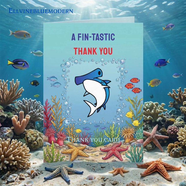 Chic Blå Hammarhaj Pojke Födelsedag  Tack Kort (5" x 7" blue hammerhead shark birthday thank you template for kids’ pool parties.)