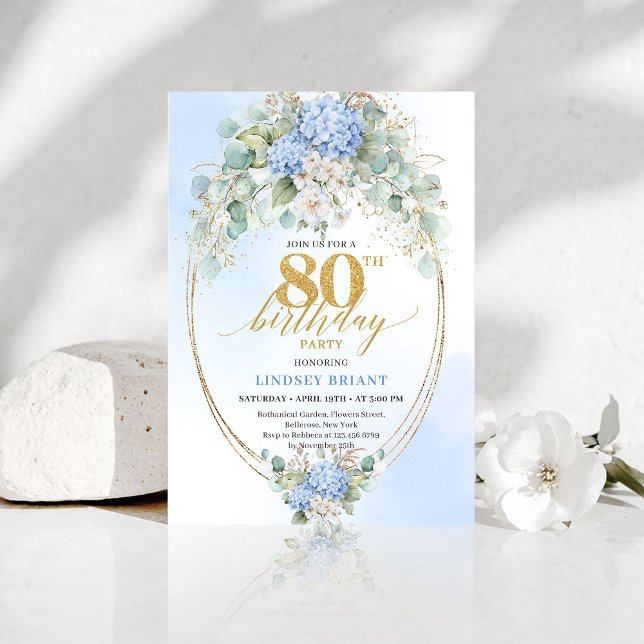Chic Blå Hortensia Eukalyptus Guld 80-årsdag  Inbjudningar (Chic Blue Hydrangea Eucalyptus 80th Birthday Invite)