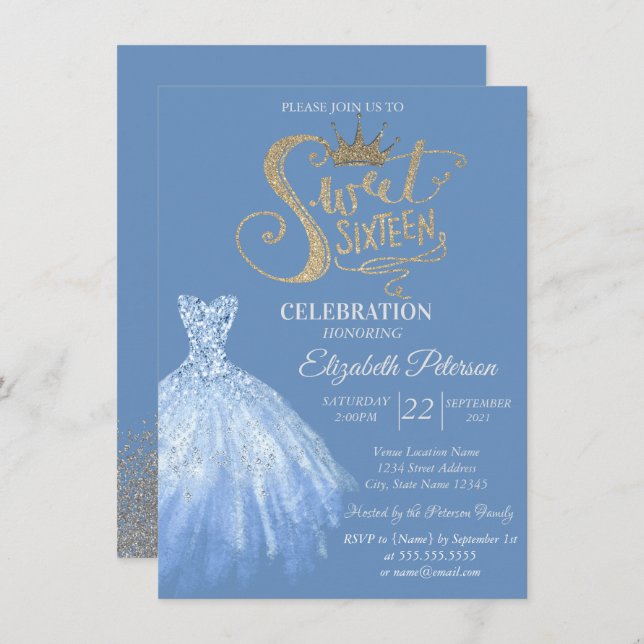 Chic blå kruka,Diamonder Sweet 16 Inbjudningar (Fram/baksida)