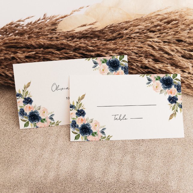 Chic Blå och  Blommigt i Rosa, platt Bröllop Placeringskort (Chic Navy Blue and Blush Pink Floral Wedding Flat Place Card)