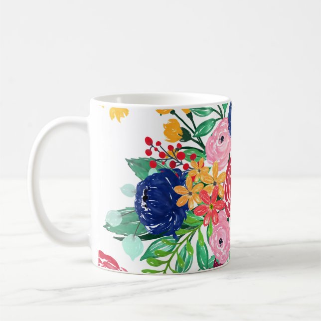Chic Blå och Röda vattenfärgsblommor Kaffemugg (Vänster)