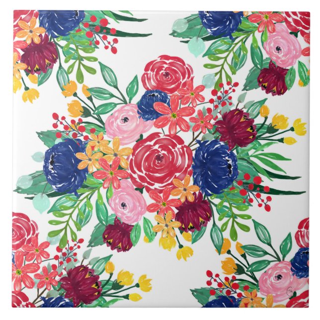 Chic Blå och Röda vattenfärgsblommor Kakelplatta (Framsidan)