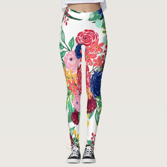 Chic Blå och Röda vattenfärgsblommor Leggings (Framsida)
