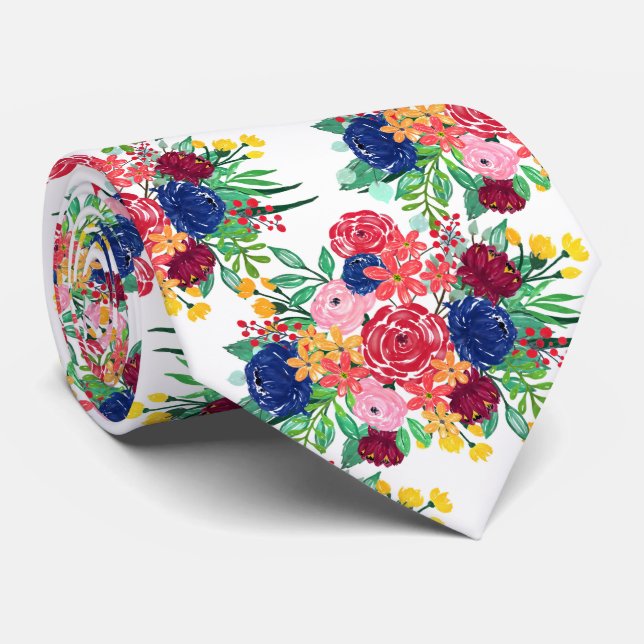 Chic Blå och Röda vattenfärgsblommor Slips (Rullad)