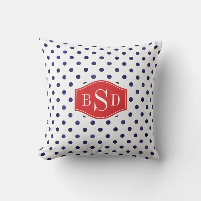 Chic blå och vit polka dots mönster monogram kudde (Framsida)