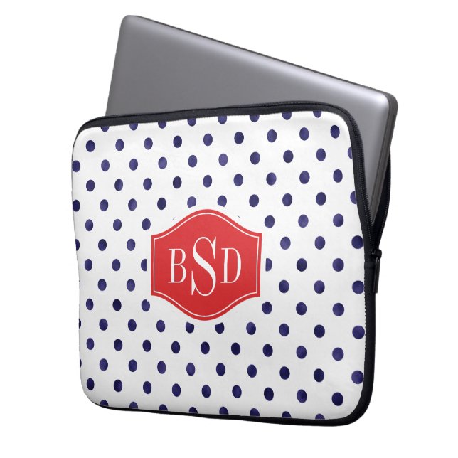 Chic blå och vit polka dots mönster monogram laptop sleeve (Framsidan Vänster)