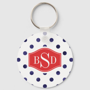 Chic blå och vit polka dots mönster monogram nyckelring