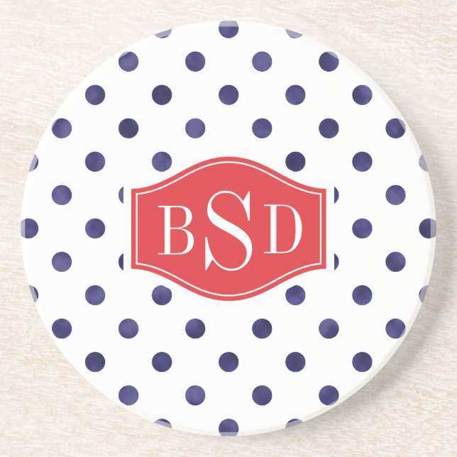 Chic blå och vit polka dots mönster monogram underlägg (Framsidan)