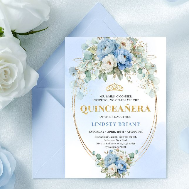 Chic Blå Peony Blommig Quinceañera Inbjudan Guld (Chic Blue Peony Floral Quinceañera Invitation Gold)