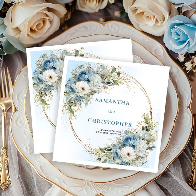 Chic blå peony guld glitter ram bröllops servetter (Chic Blue Peony Gold Glitter Frame Wedding Napkins)