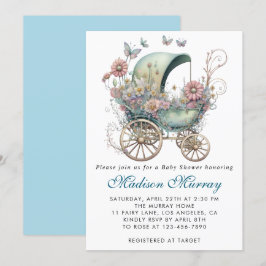 Chic Blå & Rosa Blommig Barnvagn Baby Shower Inbjudningar