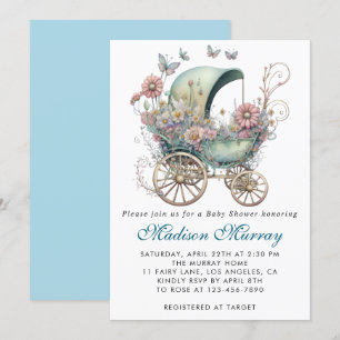 Chic Blå & Rosa Blommig Barnvagn Baby Shower Inbjudningar