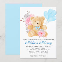 Chic Blå Rosa Grå Blommig Teddybjörn Bebis Shower