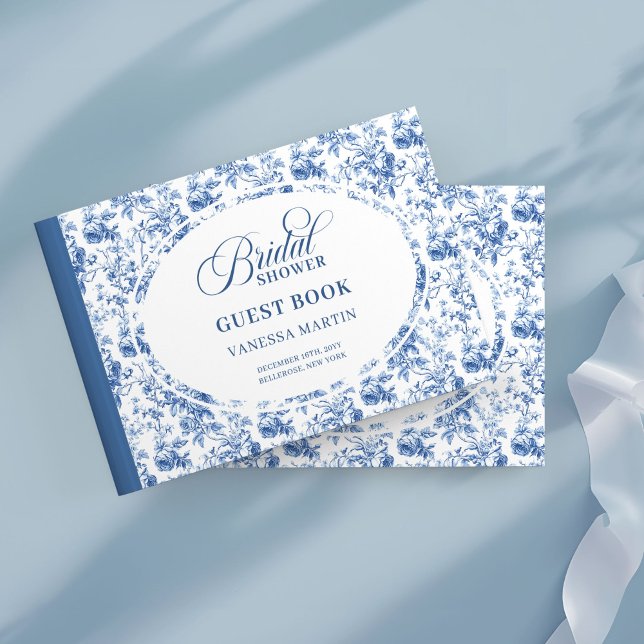 Chic Blå Toile Roser Bröllopsfest Gästbok (Chic Blue Toile Roses Bridal Shower Guest Book Sign

)