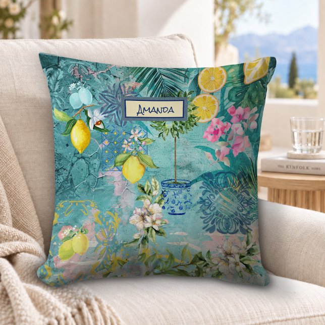 Chic Blå Turkos Siciliansk Citrus Blommig Kudde (Skapare uppladdad)