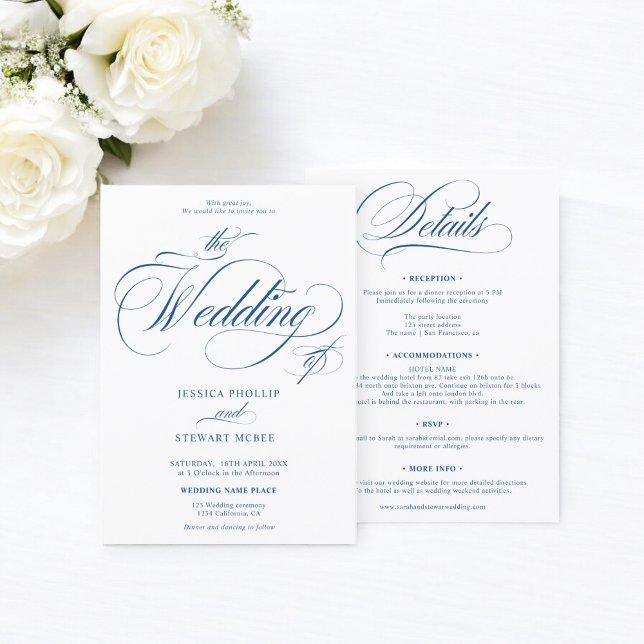 Chic blå vit allt i ett kalligrafi bröllop inbjudningar (Chic blue white all in one calligraphy wedding invitation)