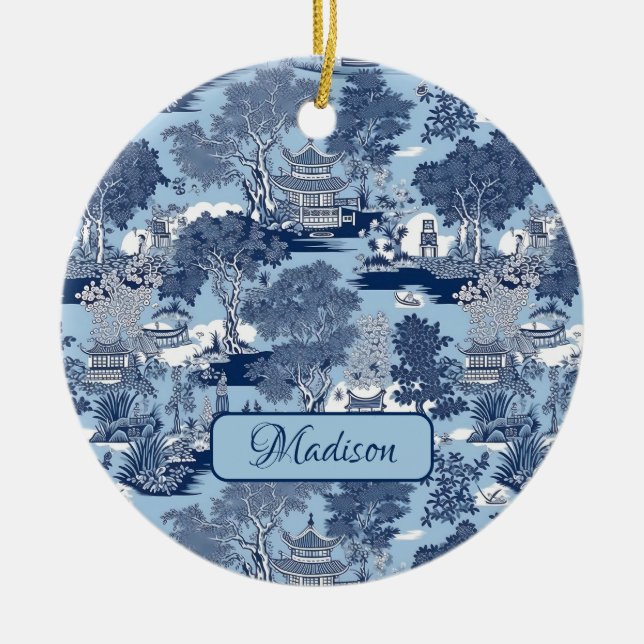 Chic Blå vit beläggning av chinoiserie Julgransprydnad Keramik (Framsidan)