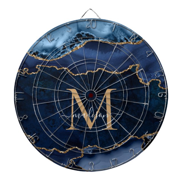 Chic Blåblå Guld Glitter-agate Geode Monogram Darttavla (Framsidan)