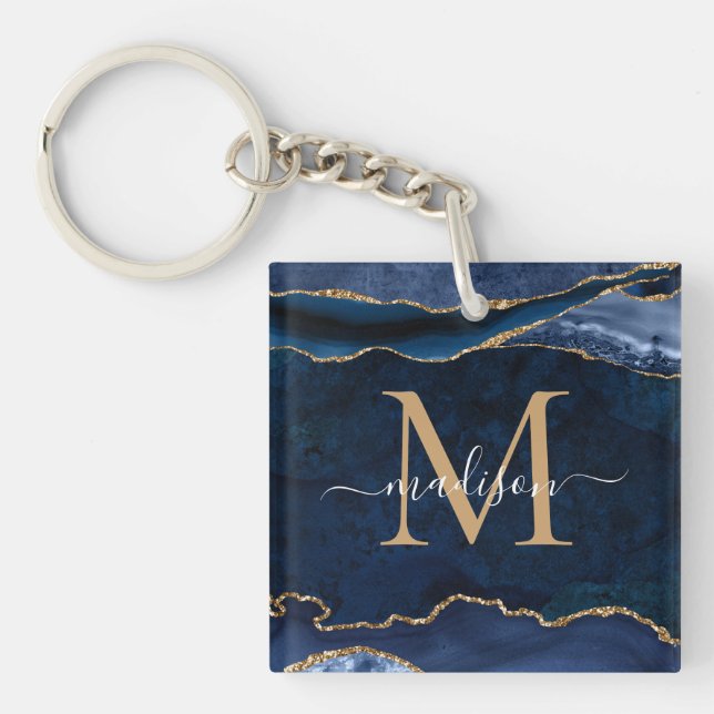 Chic Blåblått Guld-agate Geode Glitter Monogram (Framsidan)