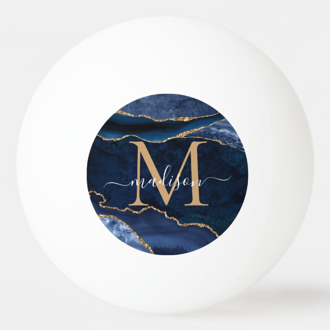 Chic Blåblått Guld-agate Geode Glitter Monogram Pingisboll (Framsidan)