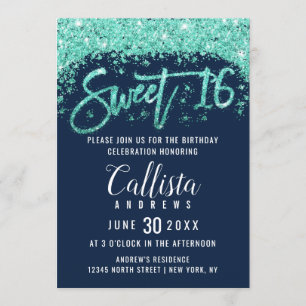 Chic Blåblått och turkos Glitter Dust Sweet 16 Inbjudningar