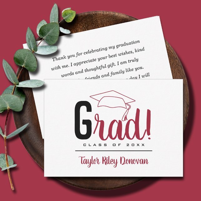 Chic Black and Crimson Red Grad Cap Studenten Anteckningskort (3.5" x 5" black and crimson red Grad and graduation cap flat note cards, your message on the back)