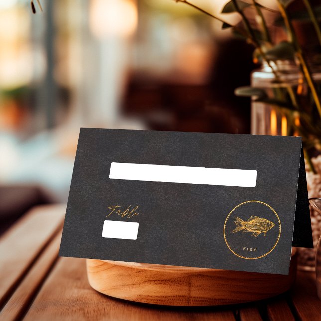 Chic Black and Guld Fish Bröllop Food Choice Placeringskort (Skapare uppladdad)