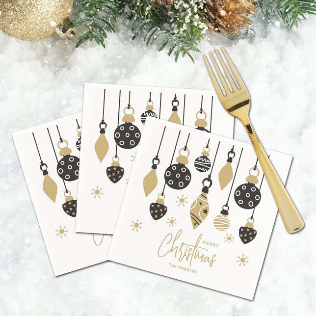 Chic Black and Guld jul Ornaments Pappersservett (Chic Merry Christmas tree ornaments on personalized cocktail napkins)