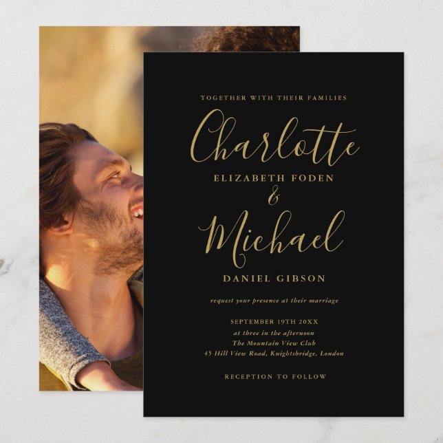 Chic Black and Guld Namnteckning skriptfotot Bröll Inbjudningar (Fram/baksida)
