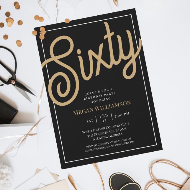 Chic Black and Guld Script 60:e födelsedagen Inbjudningar (Skapare uppladdad)