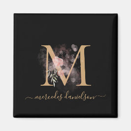 Chic Black and Guld Script Blommigt Monogram Magnet