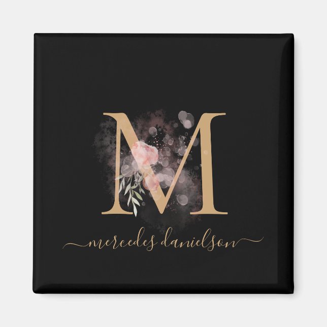 Chic Black and Guld Script Blommigt Monogram Magnet (Framsidan)