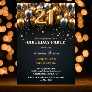Chic Black and Guld Silver Balloon 21:a födelsedag Inbjudningar