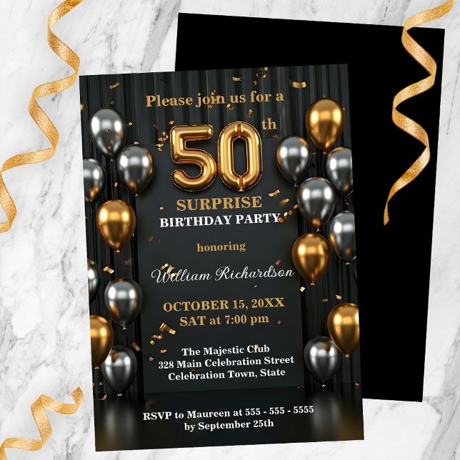 Chic Black and Guld Silver Balloon 50:e födelsedag Inbjudningar (Skapare uppladdad)