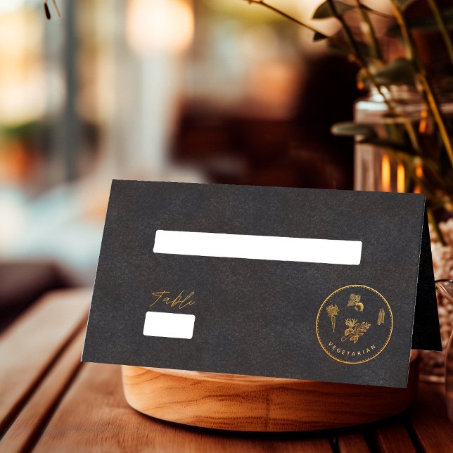 Chic Black and Guld Vegetarian Bröllop Food Choice Placeringskort (Skapare uppladdad)