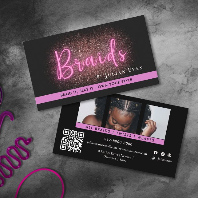 Chic Black and Neon Rosa Hair Braiding Salon Photo Visitkort (Chic Black and Neon Pink Hair Braiding Salon Photo Business Card)
