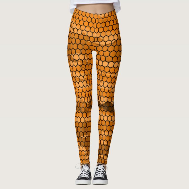 Chic Black and Orange Honeycomb mönstrad Leggings (Framsida)