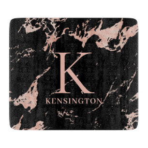 Chic Black and Ro Gold Foil Marble Monogram