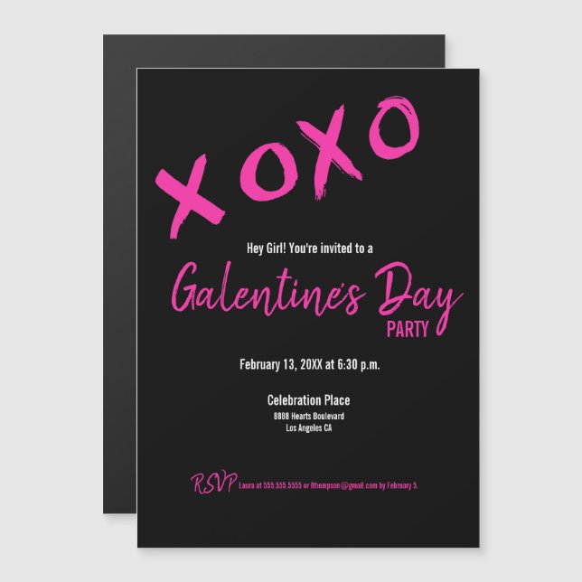 Chic Black and Rosa Galentine's Party XOXO Snyggt Magnetisk Inbjudningskort (Fram/baksida)