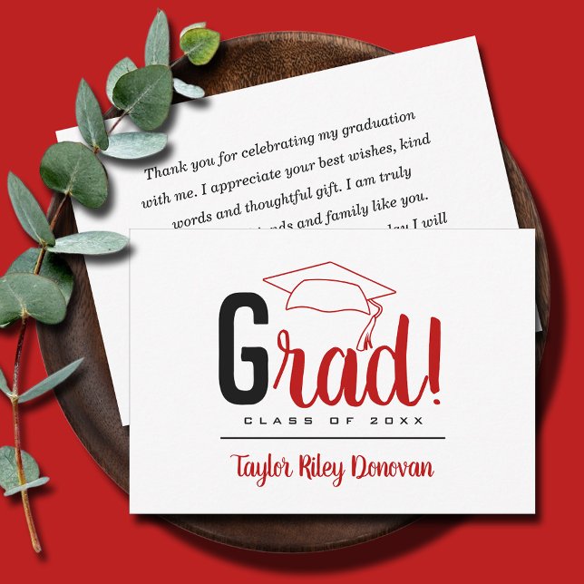 Chic Black and Scarlet Grad Cap Studenten Anteckningskort (3.5" x 5" black and scarlet red Grad and graduation cap flat note cards, your message on the back)