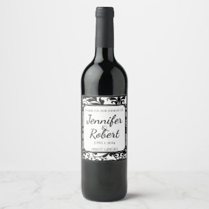 Chic Black and White Damask Vin-etikett Vinflaska Etikett