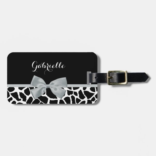 Chic Black and White Giraffe Skriv ut Silver Grått Bagagebricka (Horisontell Framsida)