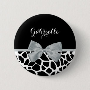Chic Black and White Giraffe Skriv ut Silver Grått Knapp