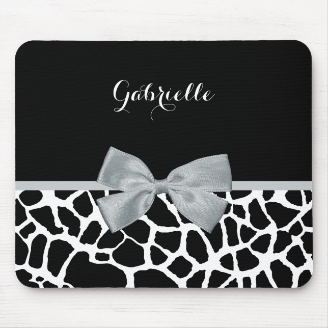 Chic Black and White Giraffe Skriv ut Silver Grått Musmatta (Framsidan)