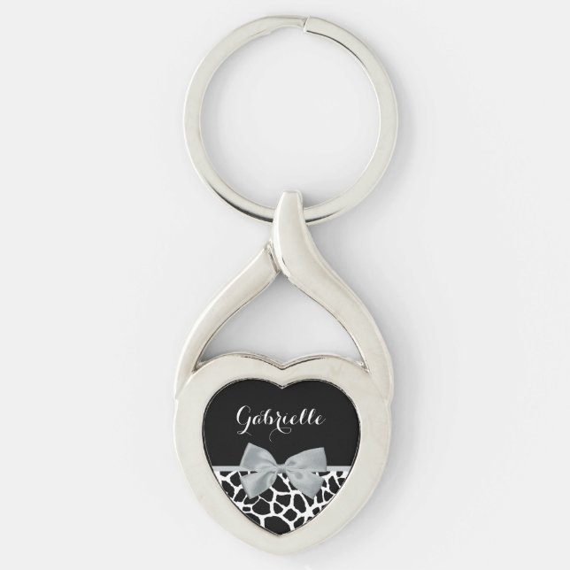 Chic Black and White Giraffe Skriv ut Silver Grått Twisted Heart Silverfärgad Nyckelring (Framsidan)