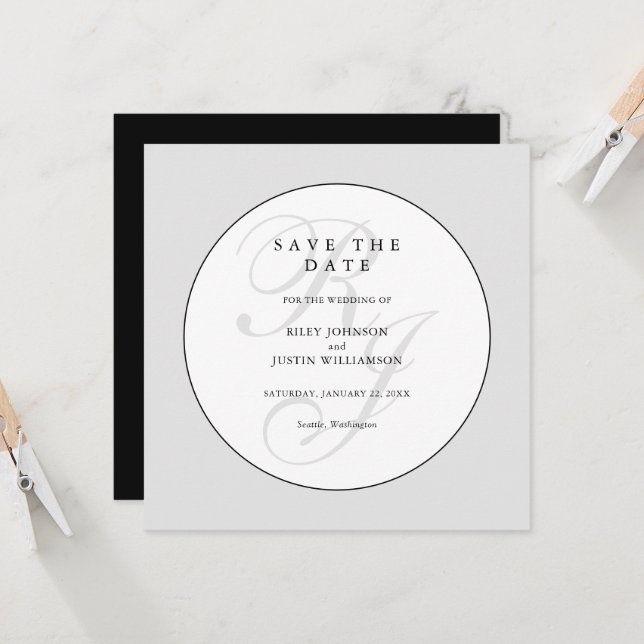 Chic Black and White Monogram Save the Date (Fram/Back In Situ)