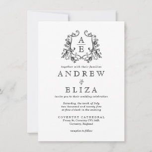 Chic Black and White Monogram Vapensköld Bröllop Inbjudningar
