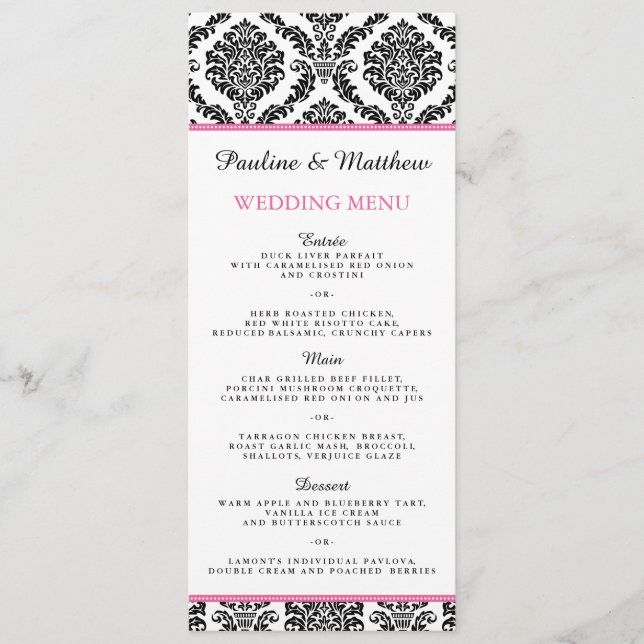 Chic Black and White Rosa Damask Wedding Menu Meny (Framsida)